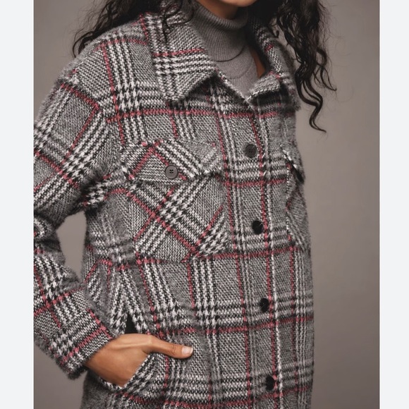 Anthropologie Greylin fuzzy Gray Plaid Cape Jacket/ shacket - Picture 3 of 8